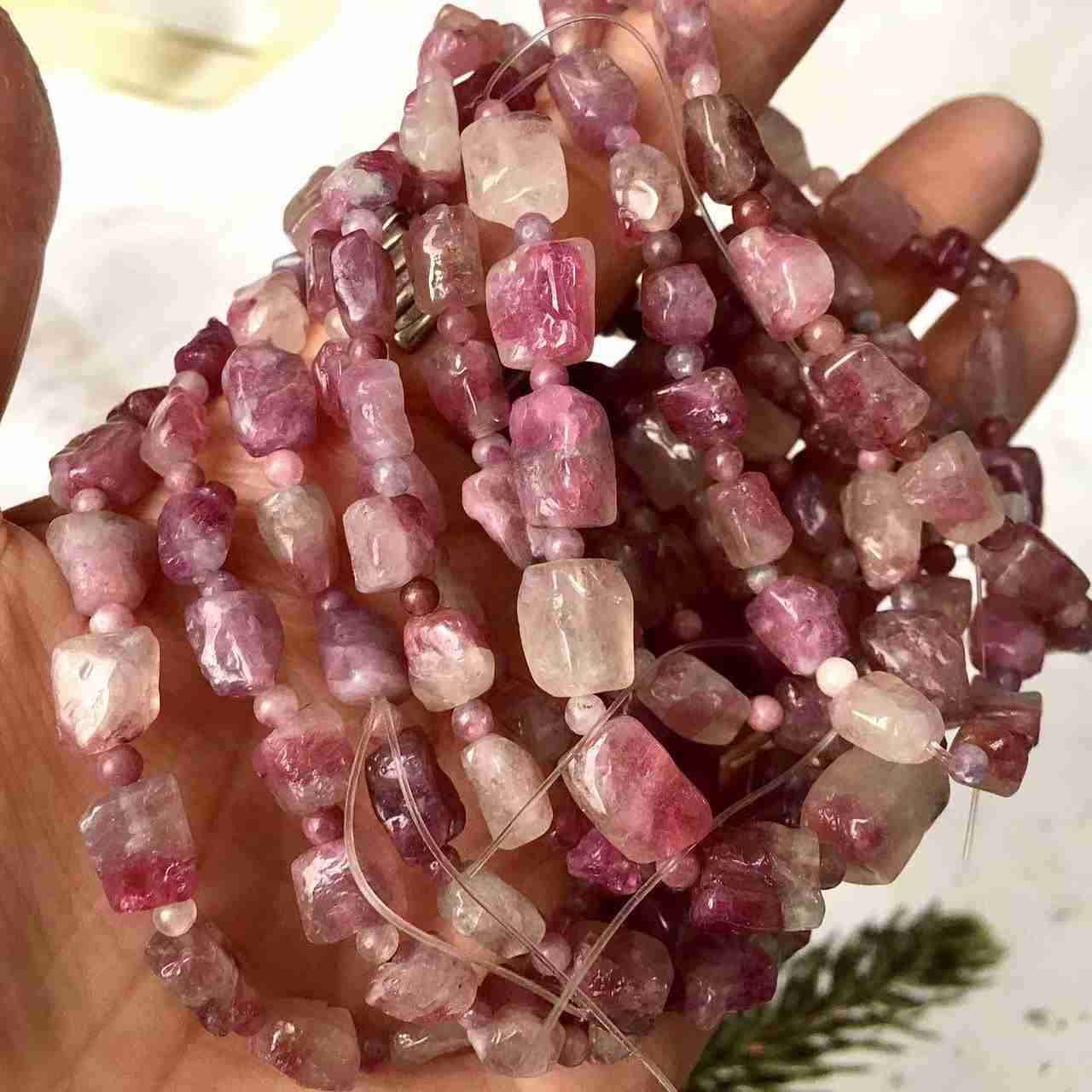 High Grade 6mm Pink Tourmaline Natural Stone Chips Bracelet