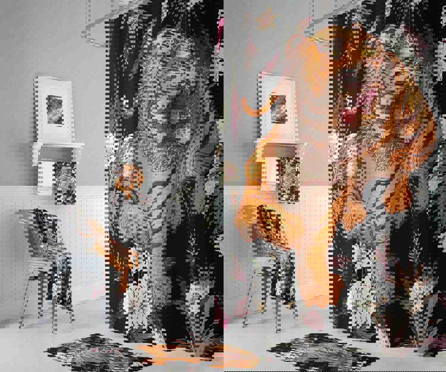 Tiger Shower Curtain - Floral Print, Extra Long Options, Machine Washable