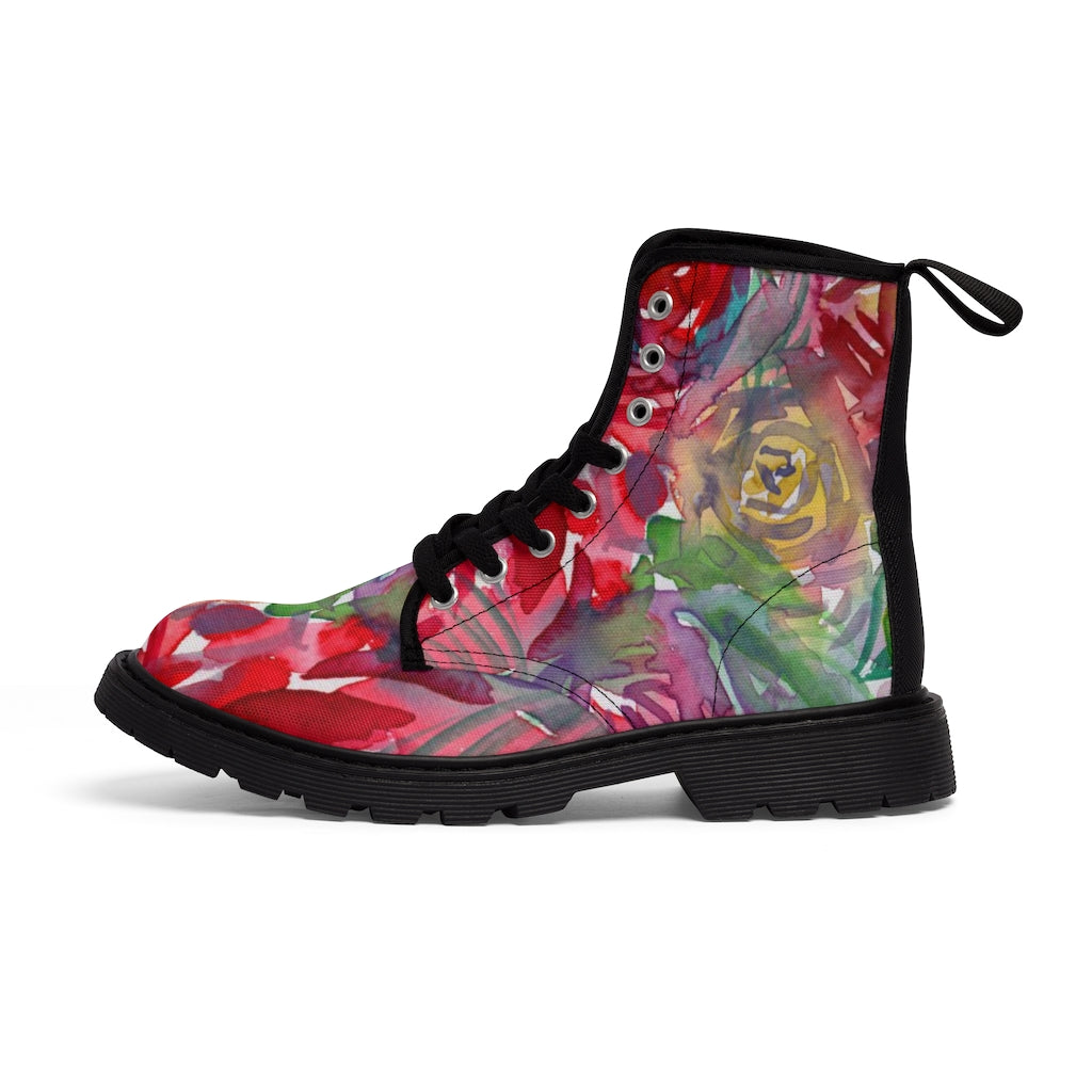 Red Floral Print Women's Boots - Watercolor Flower Printed Hiking Combat Boots