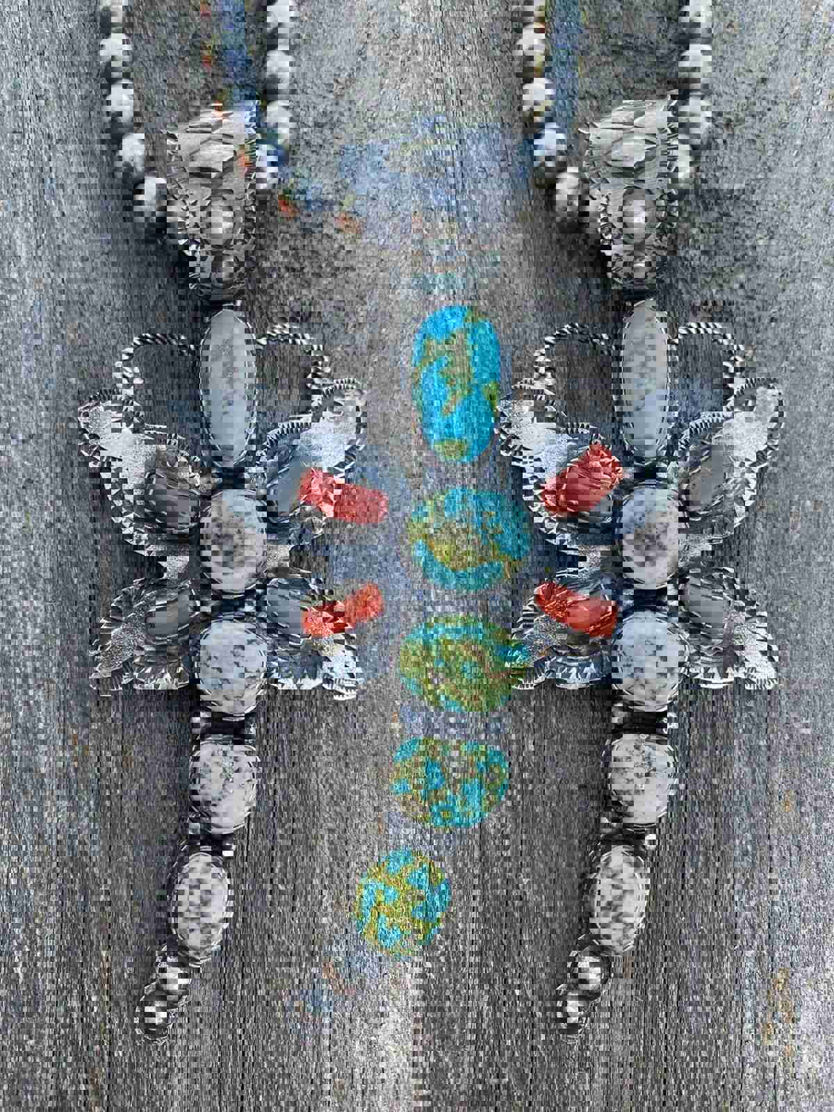 Shawn Cayatenito Sterling Silver Kingman Turquoise & Coral Dragonfly Pendant