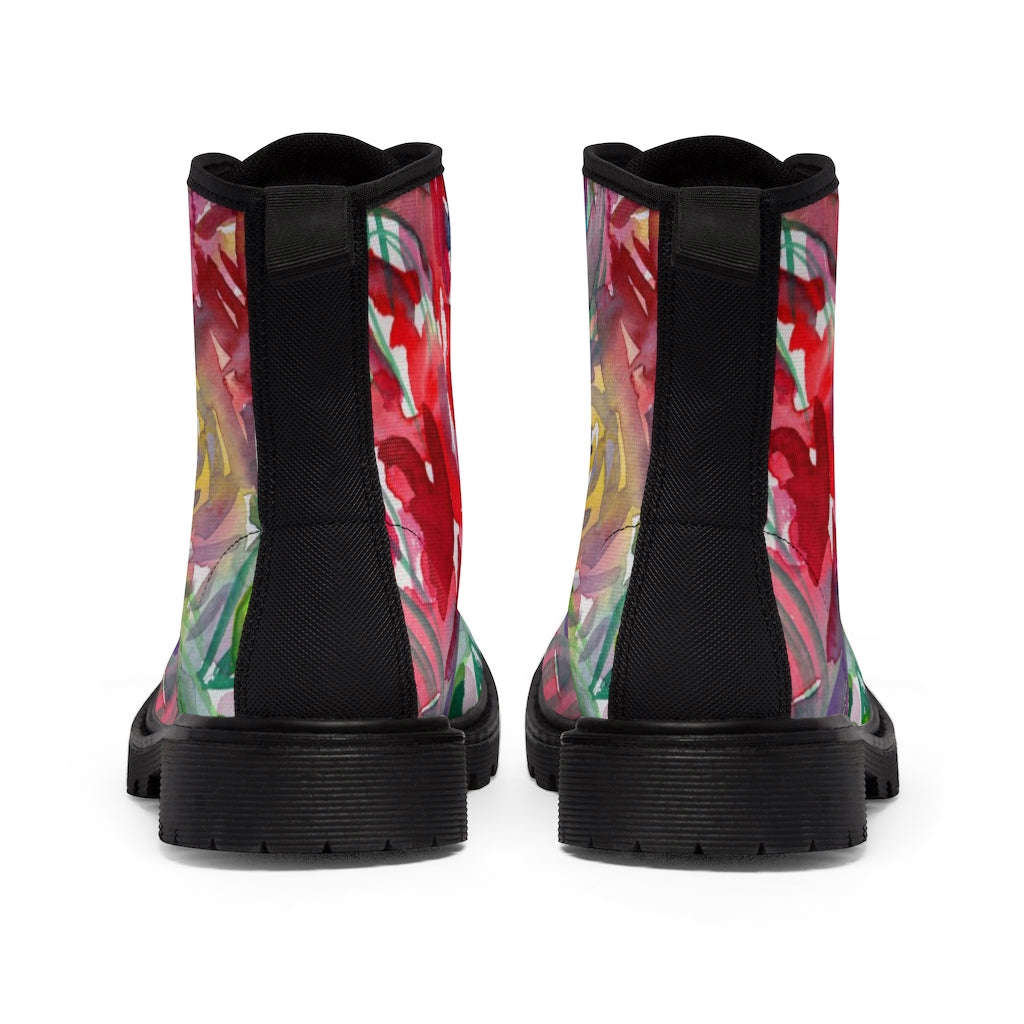 Red Floral Print Women's Boots - Watercolor Flower Printed Hiking Combat Boots