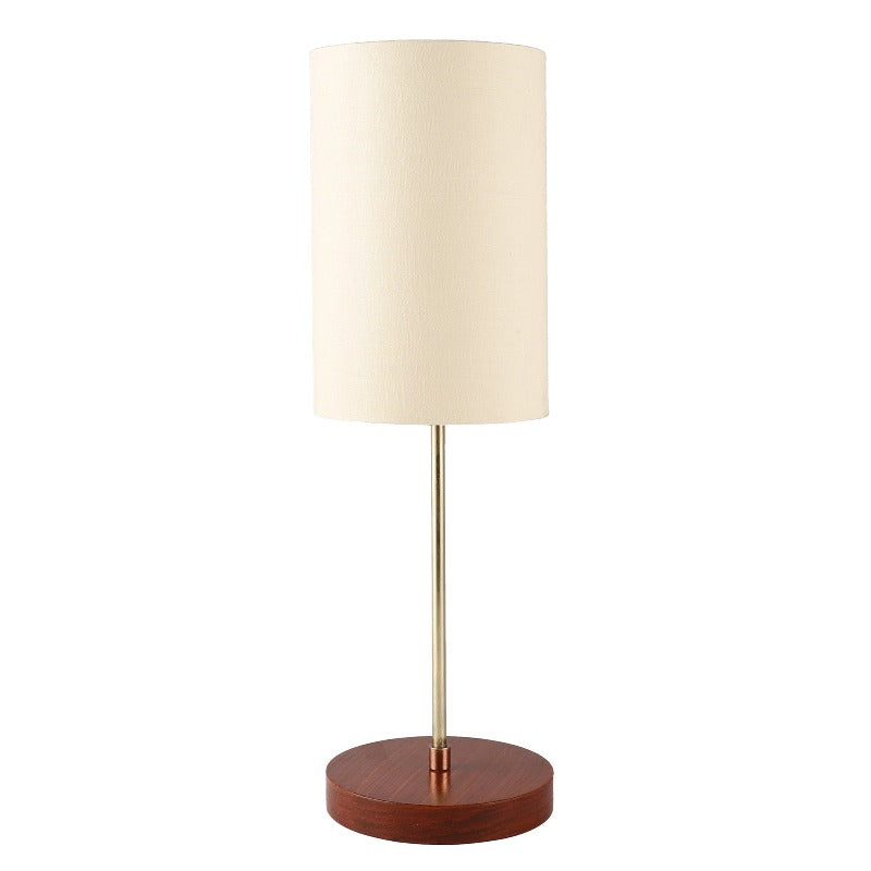 BTR CRAFTS Light Gold Rod & Brown Wooden Base Table Lamp (Cylinder Lampshade)