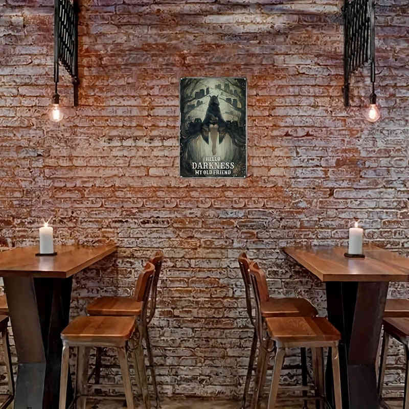 1pc Metal Tin Sign (8x12/20cm*30cm) - Hello Darkness My Old Friend, Funny Owl Girl Poster, Vintage Creativity Wall Decor