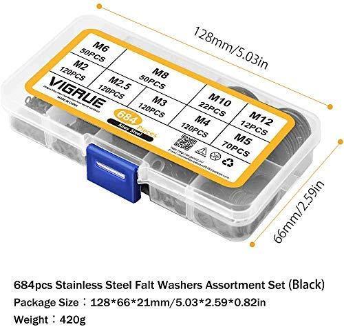VIGRUE Black Zinc Plated Alloy Steel Flat Washers Set - 684 Pieces (9 Sizes)