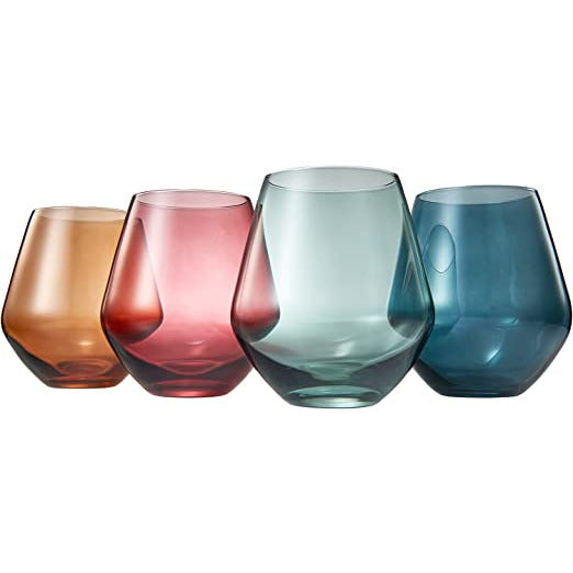 Colored Stemless Crystal Wine Glass Set of 4 - Italian Style, 16 oz, Pastel