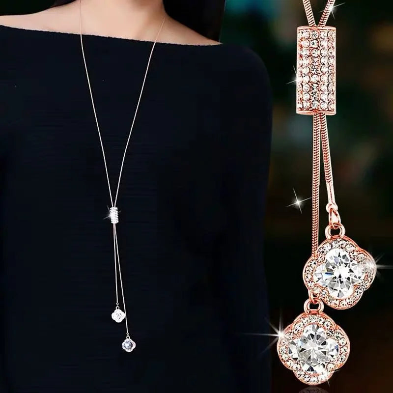 Crystal Clover Leaves Necklace for Women - Trendy Sweater Chain Jewelry