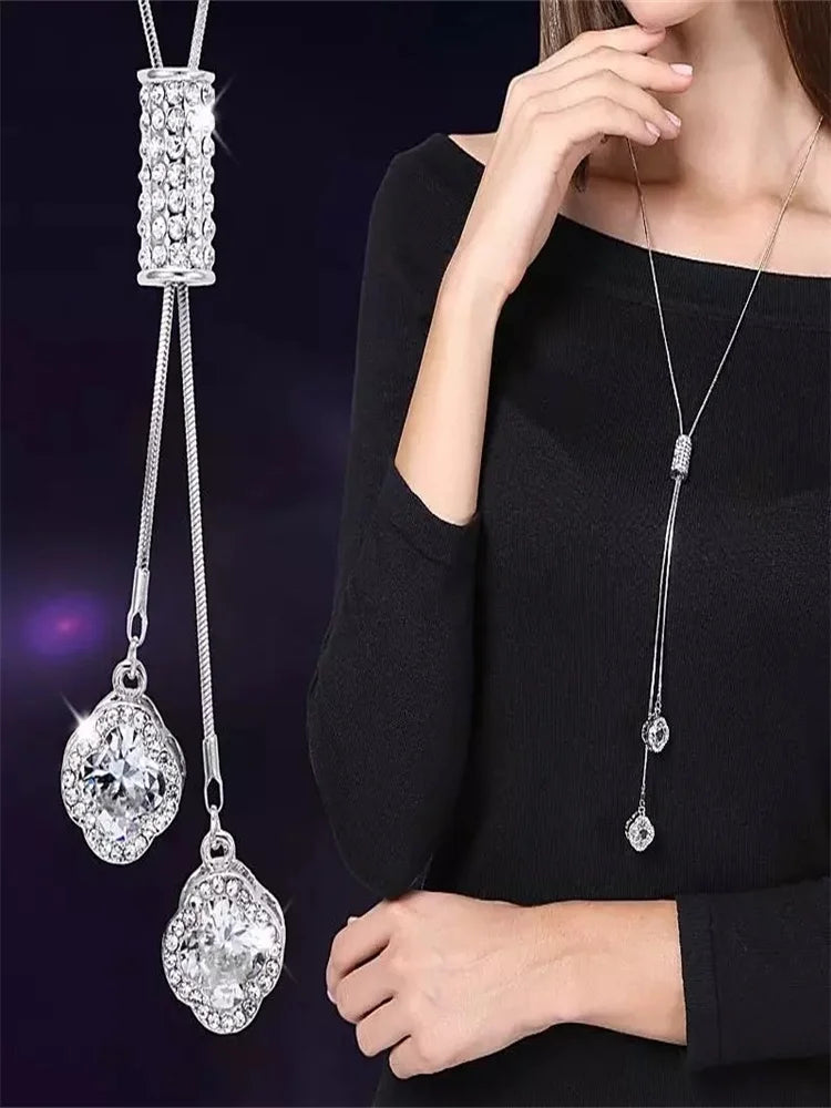 Crystal Clover Leaves Necklace for Women - Trendy Sweater Chain Jewelry