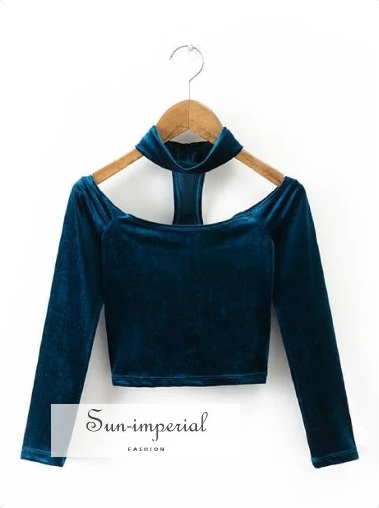 Women's Off Shoulder Red Wine Long Sleeve Velvet Slim Fit Crop Top with Choker Neckline