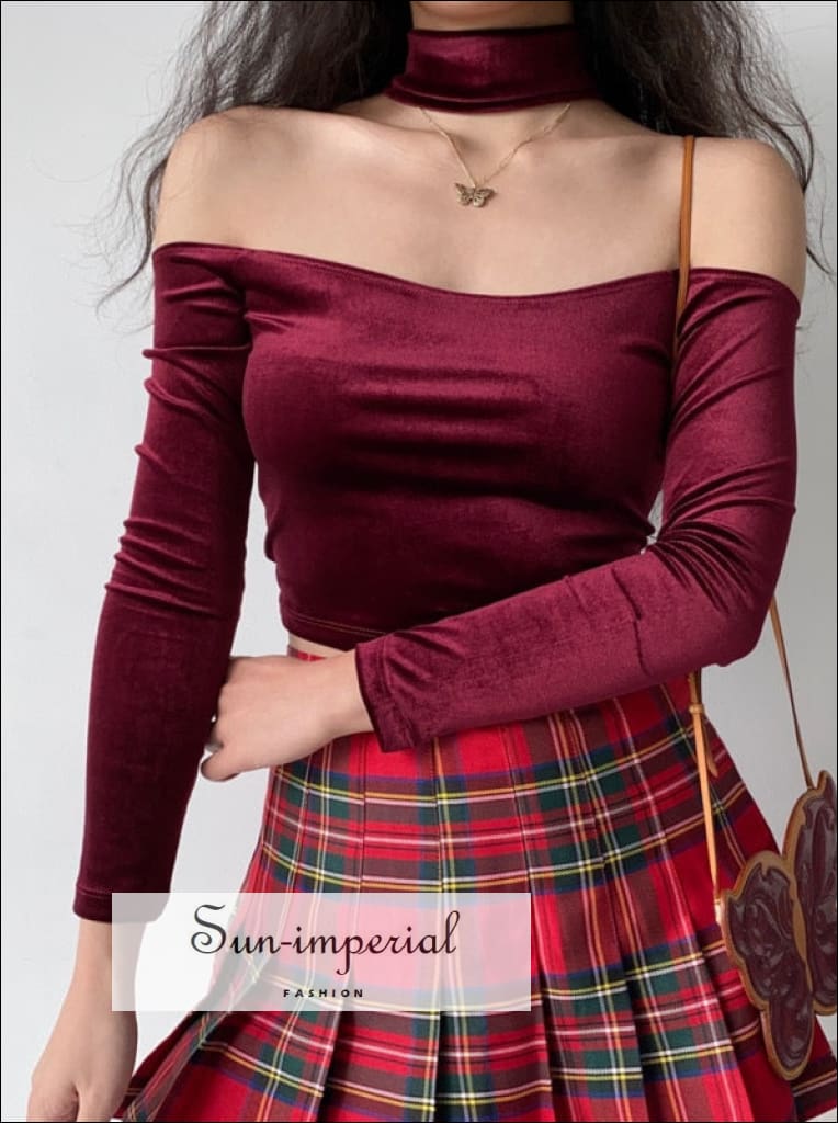 Women's Off Shoulder Red Wine Long Sleeve Velvet Slim Fit Crop Top with Choker Neckline