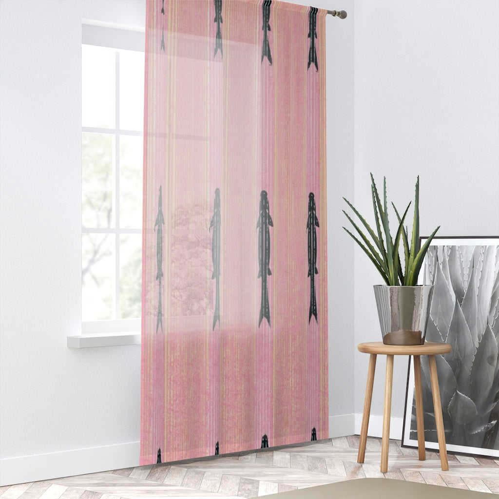 Vintage Japanese Woodblock Print Pink Sheer Window Curtain