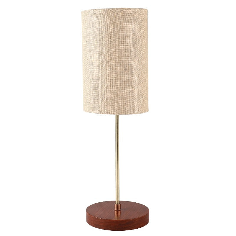 BTR CRAFTS Light Gold Rod & Brown Wooden Base Table Lamp (Cylinder Lampshade)