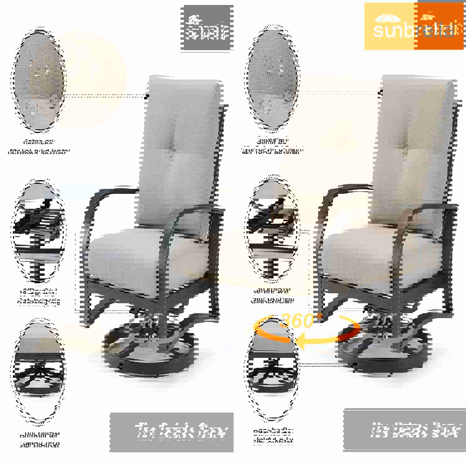 5-Piece Outdoor Aluminum Patio Conversation Set with Swivel Chairs and Sunbrella Cushions