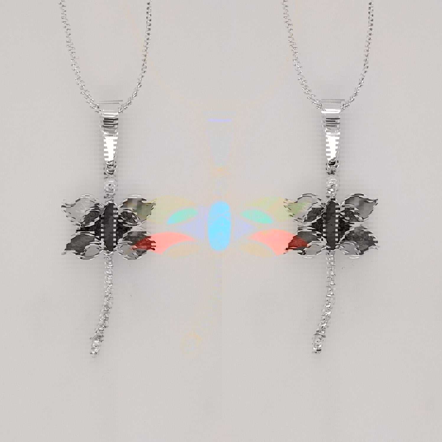 Sterling Silver Playful Dragonfly Pendant with Shell and Gemstone Inlays