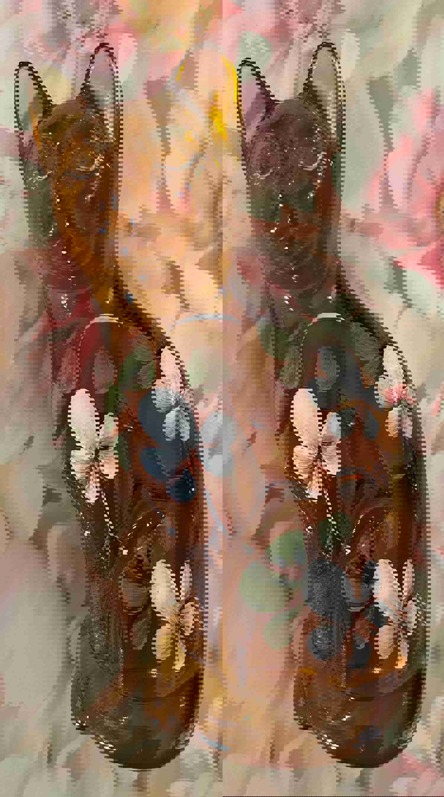 Fenton Art Glass Stylized Sitting Cat Autumn Gold with Hand-Painted Flowers by A. Farley