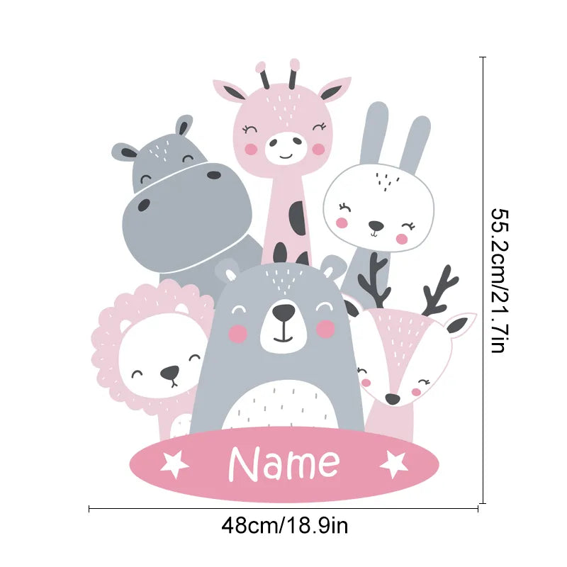 Personalized Baby Animal Wall Decals - Hippo, Bear, Lion, Fox, Deer Nursery Wall Stickers