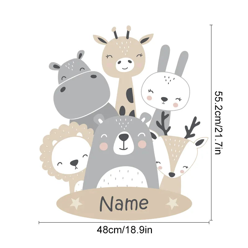 Personalized Baby Animal Wall Decals - Hippo, Bear, Lion, Fox, Deer Nursery Wall Stickers