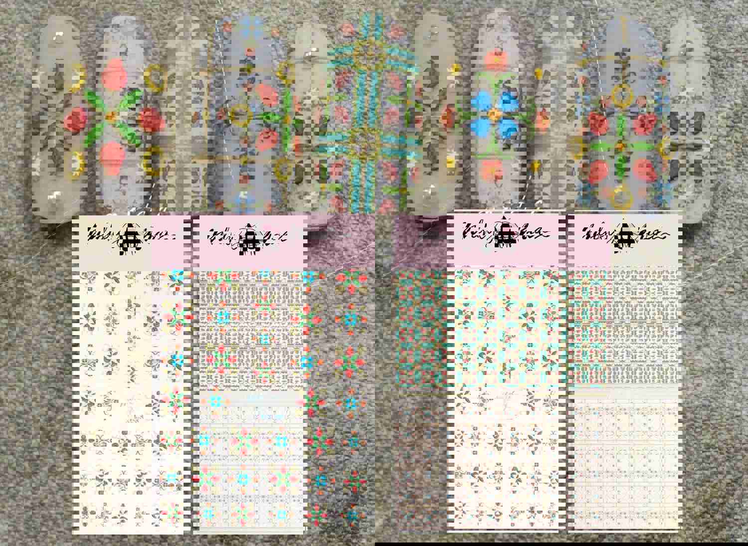 Pottery Floral Ceramics Print 3D Nail Art Stickers - Vintage Tile Pattern Self-Adhesive Decals