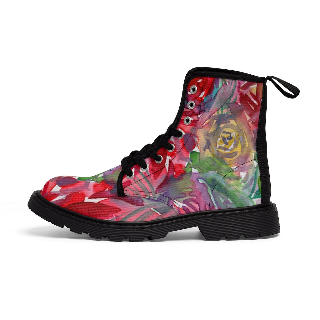 Red Floral Print Women's Boots - Watercolor Flower Printed Hiking Combat Boots