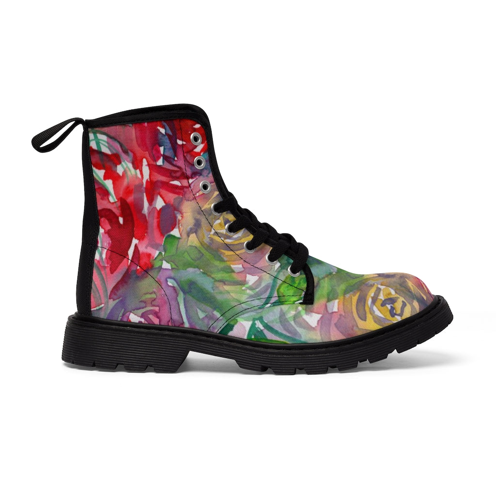 Red Floral Print Women's Boots - Watercolor Flower Printed Hiking Combat Boots