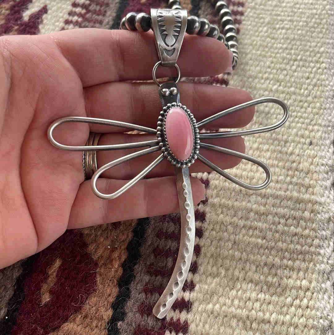 Navajo Pink Conch & Sterling Silver Dragonfly Pendant