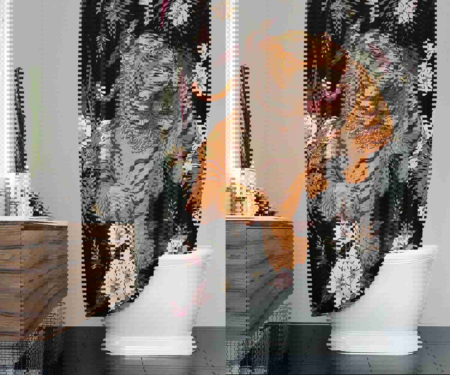 Tiger Shower Curtain - Floral Print, Extra Long Options, Machine Washable