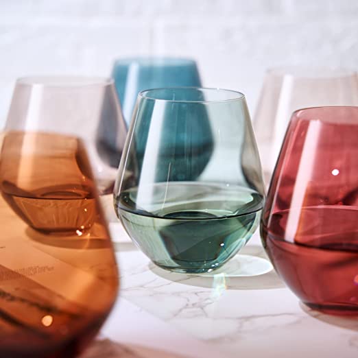 Colored Stemless Crystal Wine Glass Set of 4 - Italian Style, 16 oz, Pastel