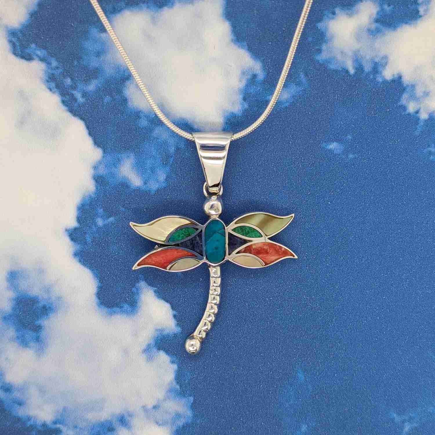 Sterling Silver Playful Dragonfly Pendant with Shell and Gemstone Inlays