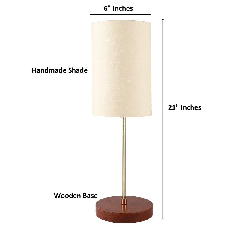 BTR CRAFTS Light Gold Rod & Brown Wooden Base Table Lamp (Cylinder Lampshade)