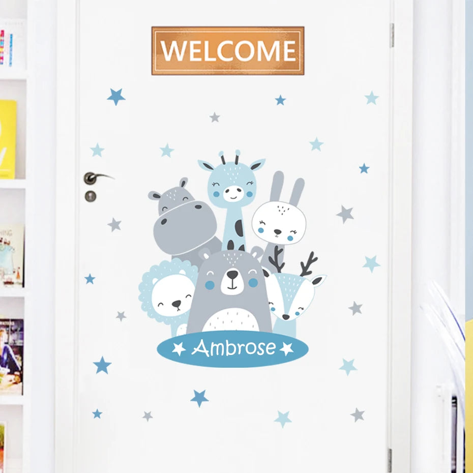 Personalized Baby Animal Wall Decals - Hippo, Bear, Lion, Fox, Deer Nursery Wall Stickers