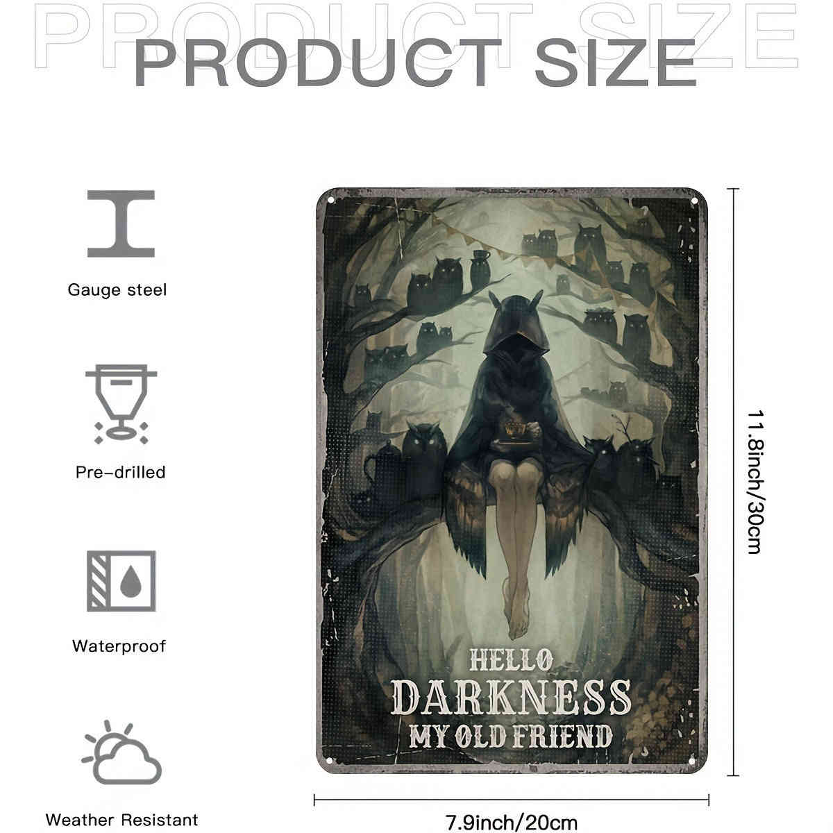 1pc Metal Tin Sign (8x12/20cm*30cm) - Hello Darkness My Old Friend, Funny Owl Girl Poster, Vintage Creativity Wall Decor