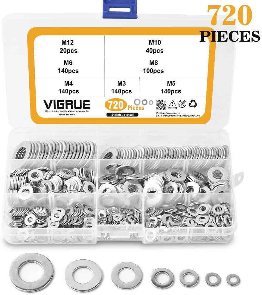 VIGRUE Black Zinc Plated Alloy Steel Flat Washers Set - 684 Pieces (9 Sizes)