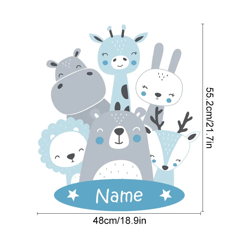 Personalized Baby Animal Wall Decals - Hippo, Bear, Lion, Fox, Deer Nursery Wall Stickers
