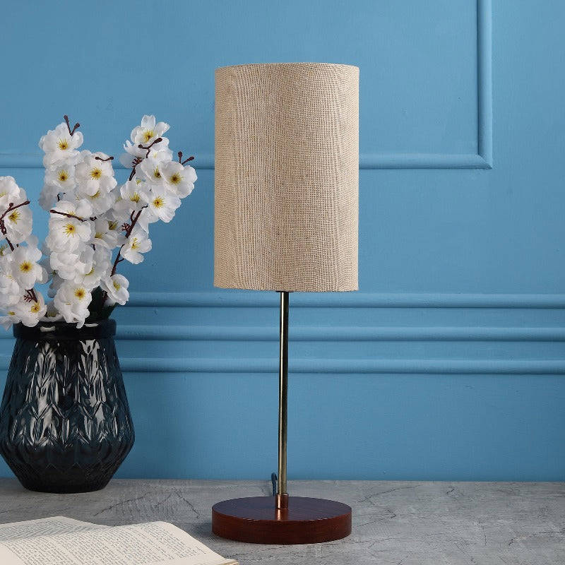 BTR CRAFTS Light Gold Rod & Brown Wooden Base Table Lamp (Cylinder Lampshade)
