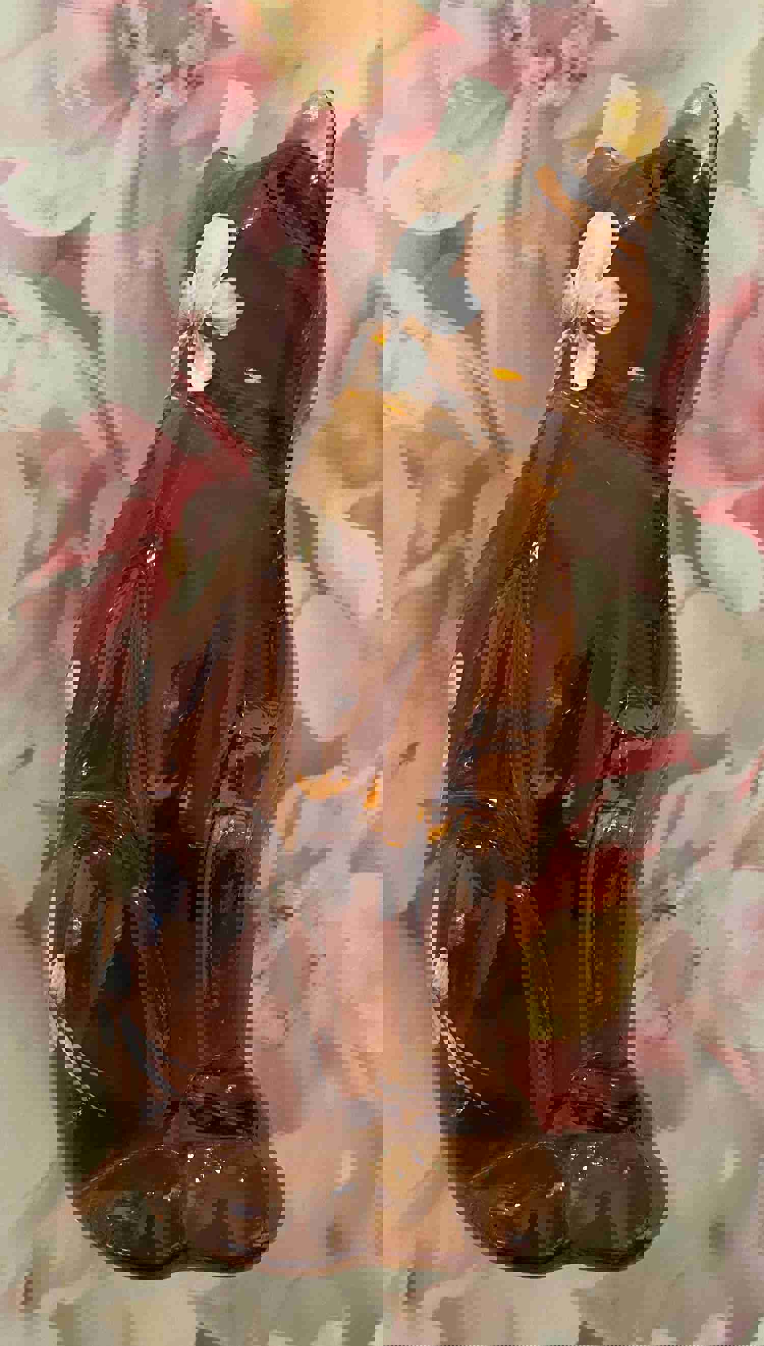 Fenton Art Glass Stylized Sitting Cat Autumn Gold with Hand-Painted Flowers by A. Farley