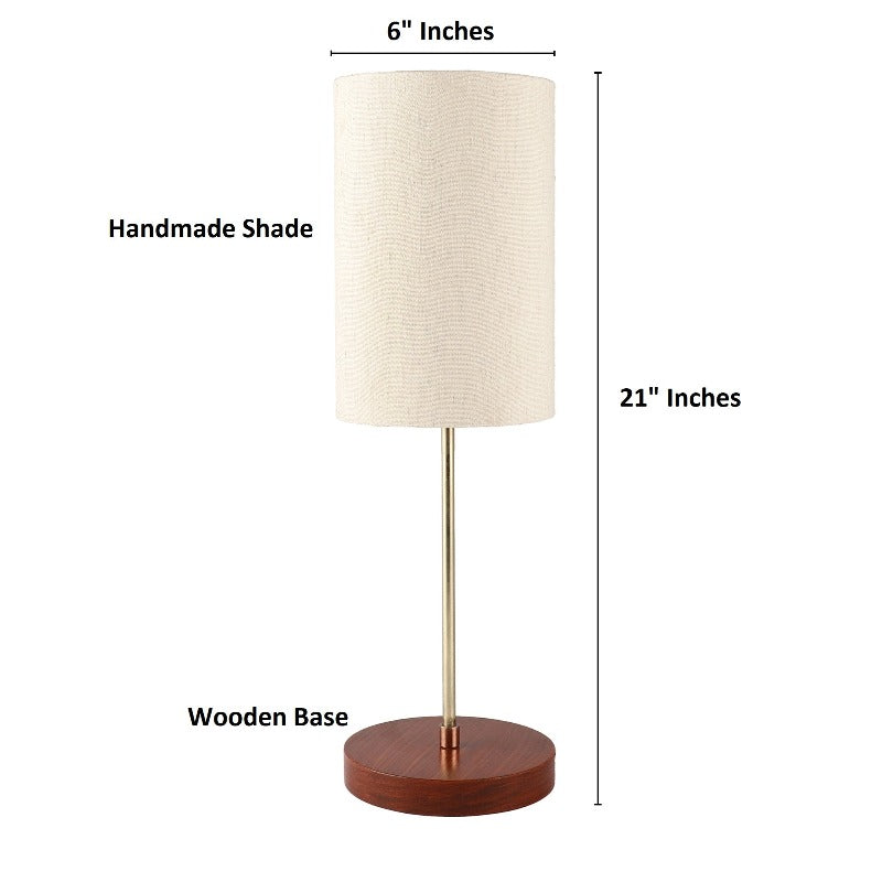 BTR CRAFTS Light Gold Rod & Brown Wooden Base Table Lamp (Cylinder Lampshade)