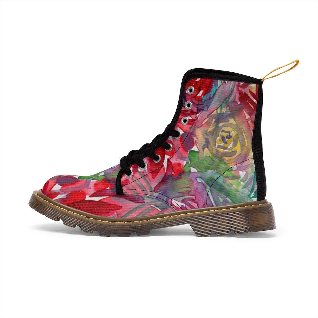 Red Floral Print Women's Boots - Watercolor Flower Printed Hiking Combat Boots