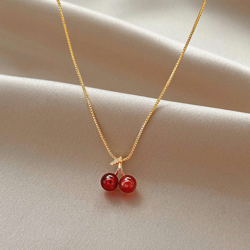 New Wine Red Cherry Gold Pendant Necklace for Women - Fashion Jewelry for Parties and Weddings