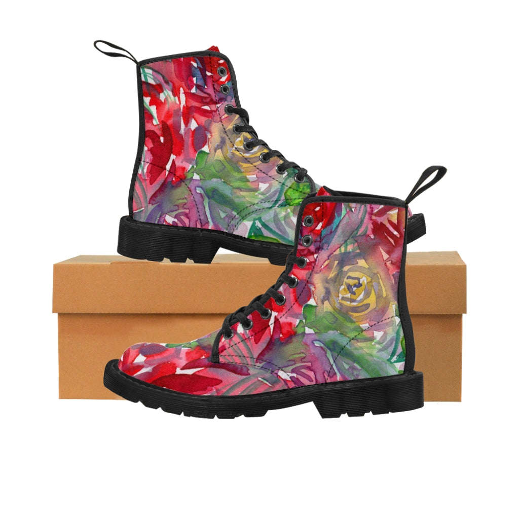 Red Floral Print Women's Boots - Watercolor Flower Printed Hiking Combat Boots