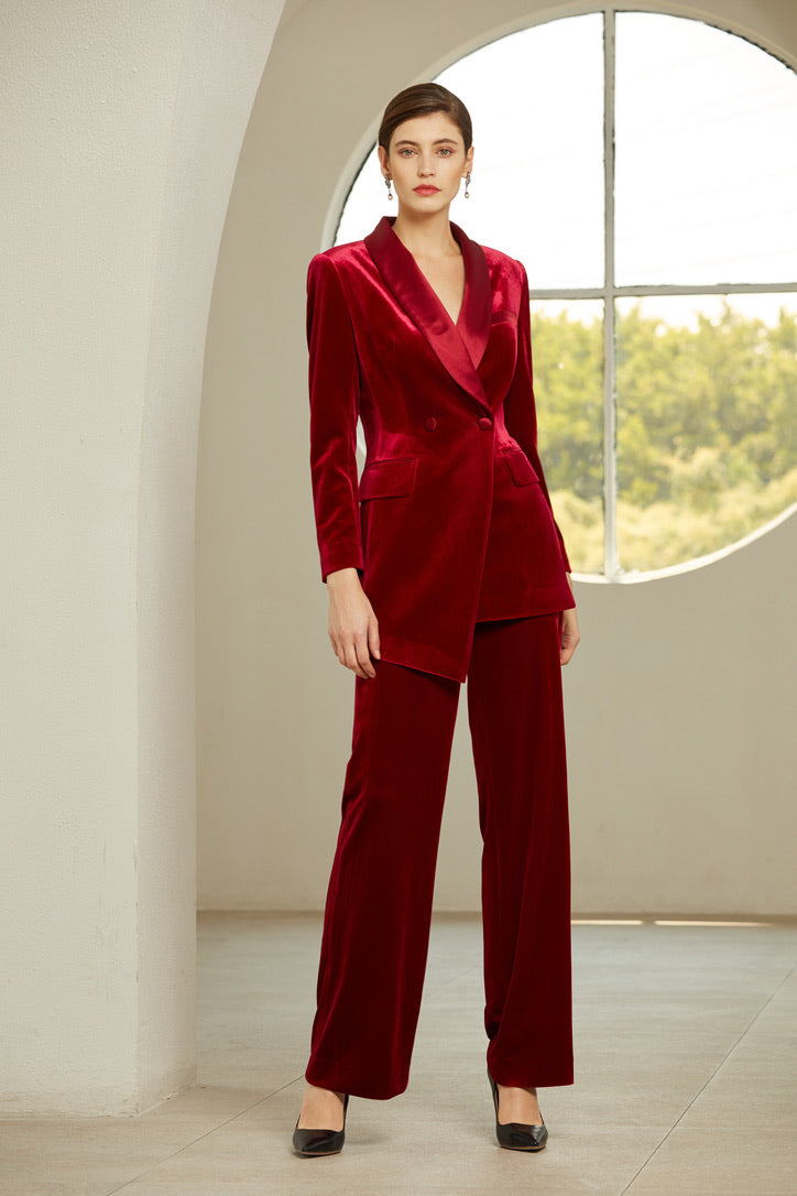 Wine Red V-neck Velvet Pant Suits for Women