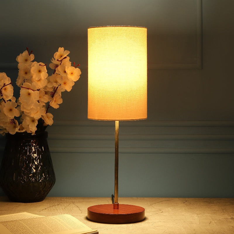 BTR CRAFTS Light Gold Rod & Brown Wooden Base Table Lamp (Cylinder Lampshade)
