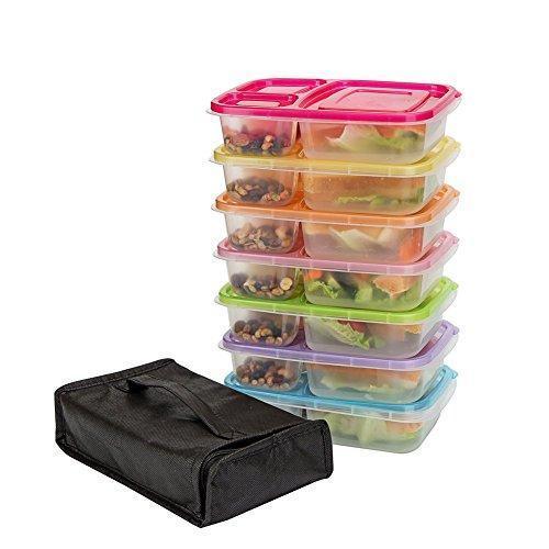 Bento Lunch Boxes, 3-Compartment Meal Prep Containers with Lids, 7 Pack BPA Free, LeakProof, Reusable