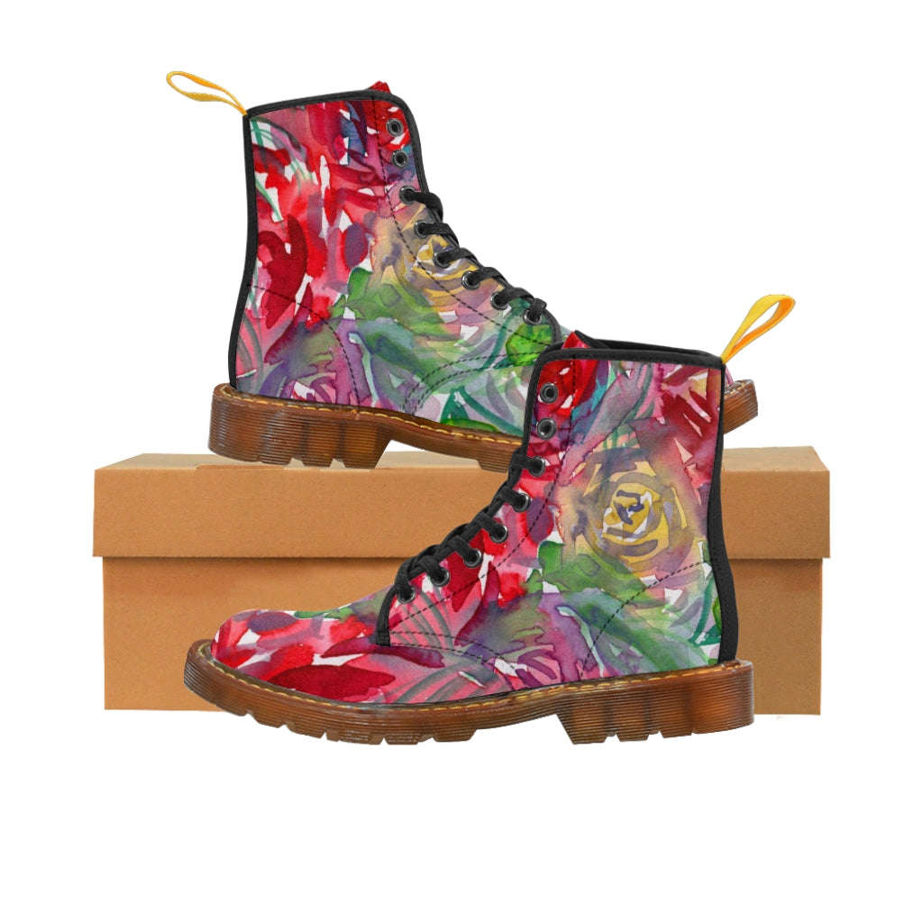 Red Floral Print Women's Boots - Watercolor Flower Printed Hiking Combat Boots