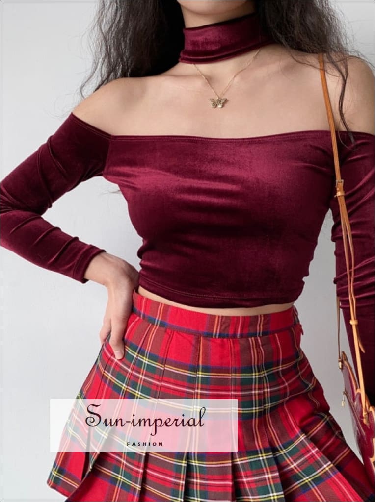 Women's Off Shoulder Red Wine Long Sleeve Velvet Slim Fit Crop Top with Choker Neckline