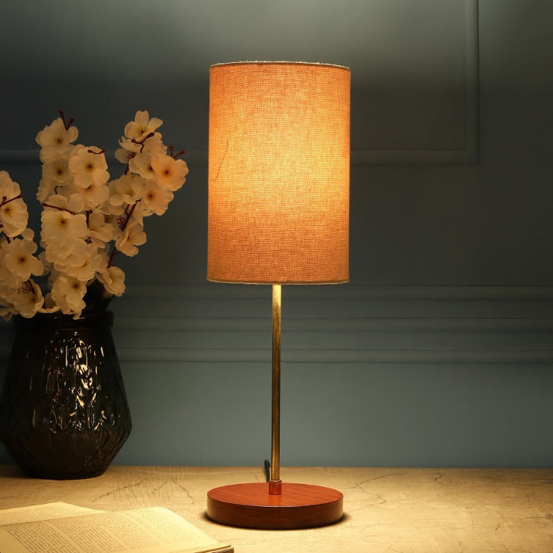 BTR CRAFTS Light Gold Rod & Brown Wooden Base Table Lamp (Cylinder Lampshade)