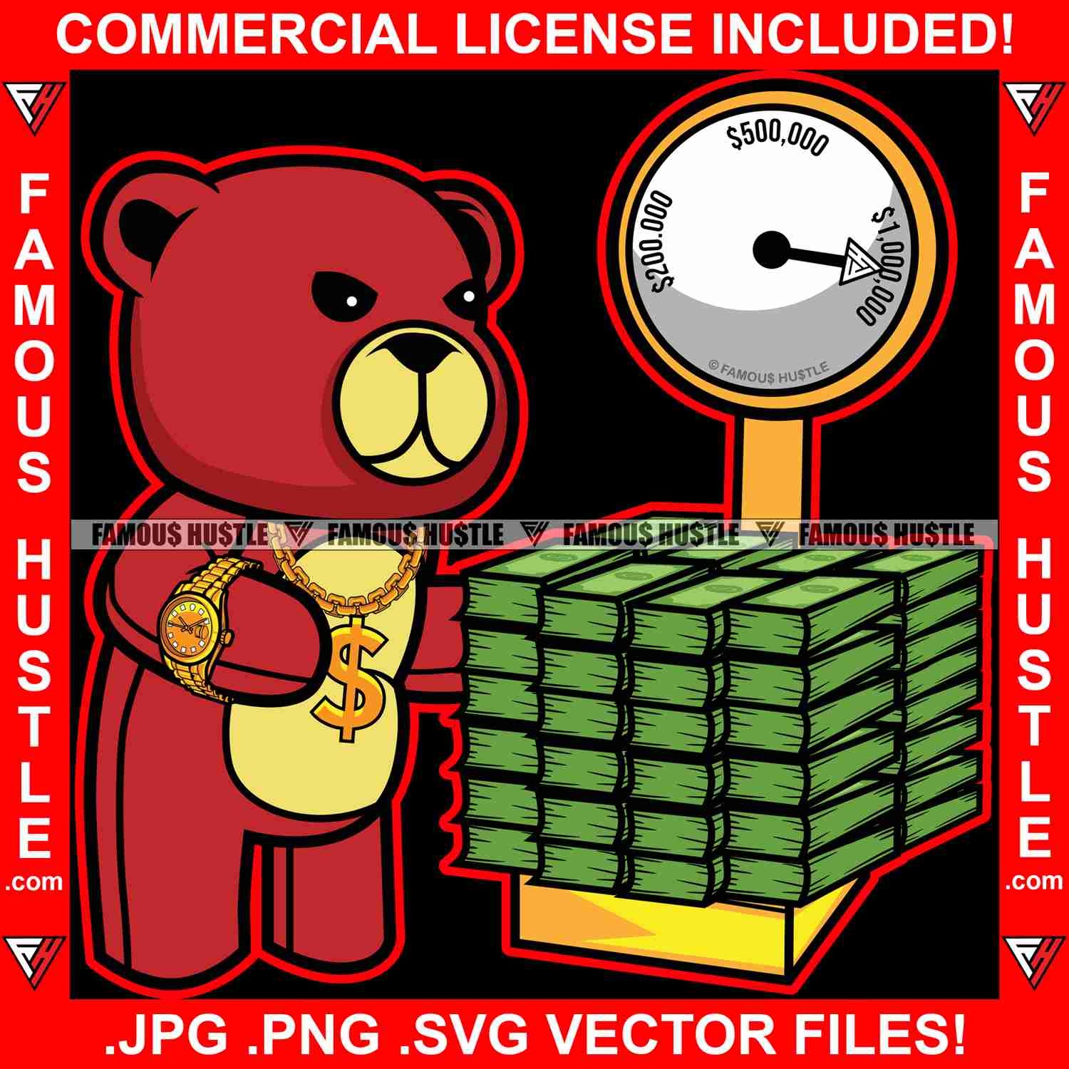 Hip Hop Gangster Teddy Bear Dollar Sign Necklace Graphic Design T-Shirt Print