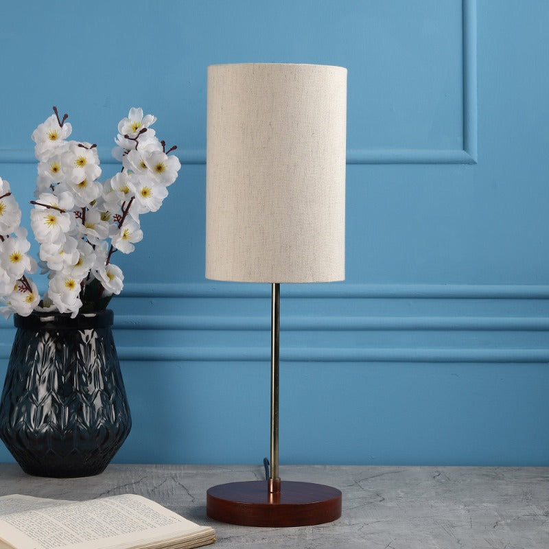 BTR CRAFTS Light Gold Rod & Brown Wooden Base Table Lamp (Cylinder Lampshade)