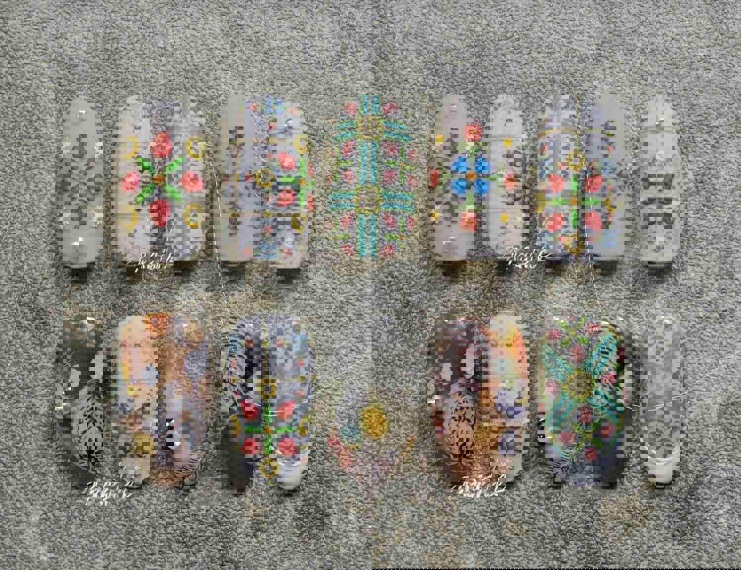 Pottery Floral Ceramics Print 3D Nail Art Stickers - Vintage Tile Pattern Self-Adhesive Decals