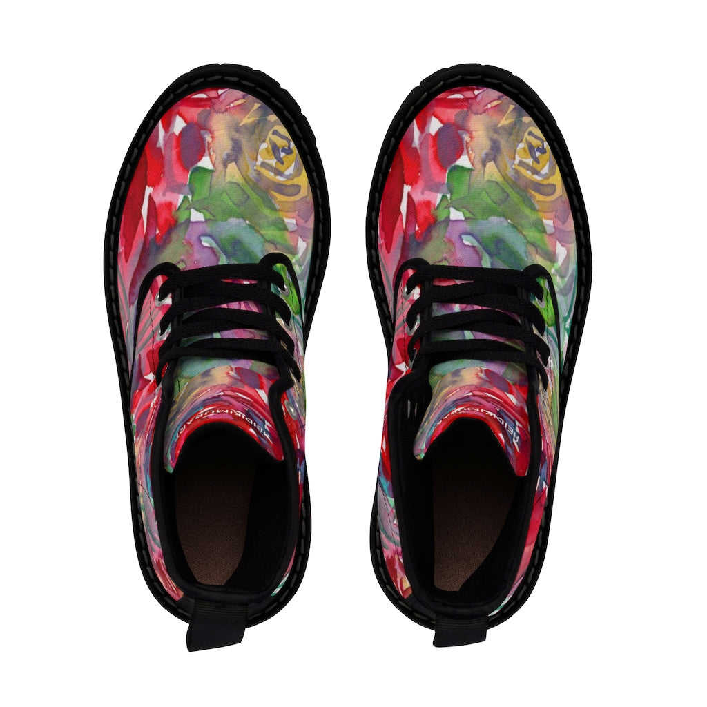 Red Floral Print Women's Boots - Watercolor Flower Printed Hiking Combat Boots