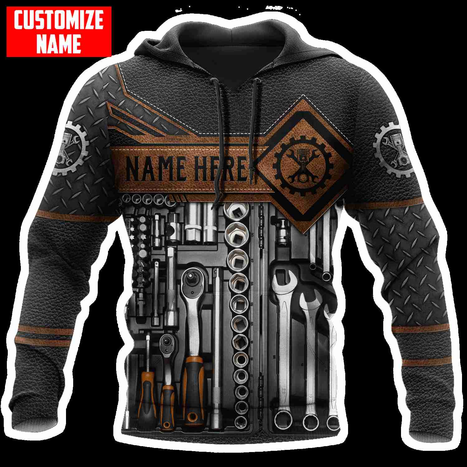 Joycorners Mechanic Custom Name Leather Metal Pattern Printed 3D Black Hoodie
