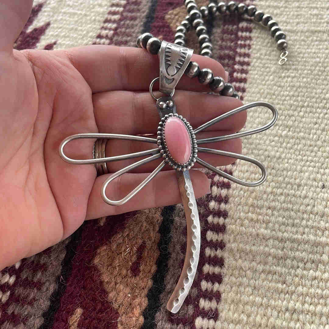 Navajo Pink Conch & Sterling Silver Dragonfly Pendant